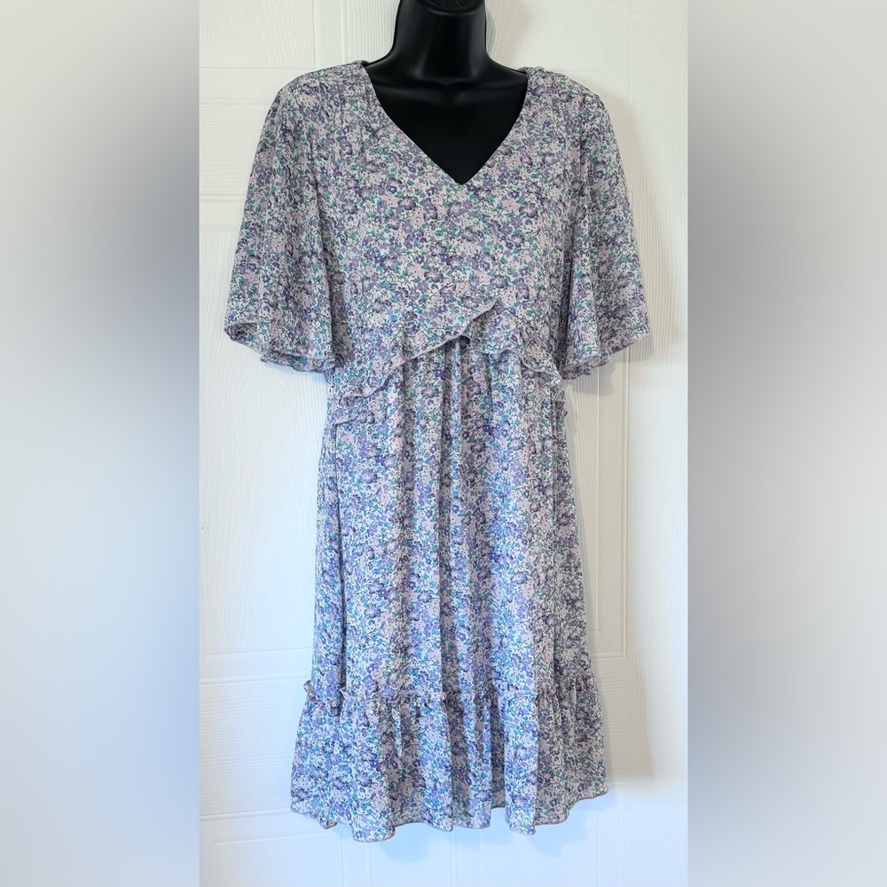 Manydress Lavender Floral Print Casual Mini Boho Ruffle Swing Dress Lined Medium